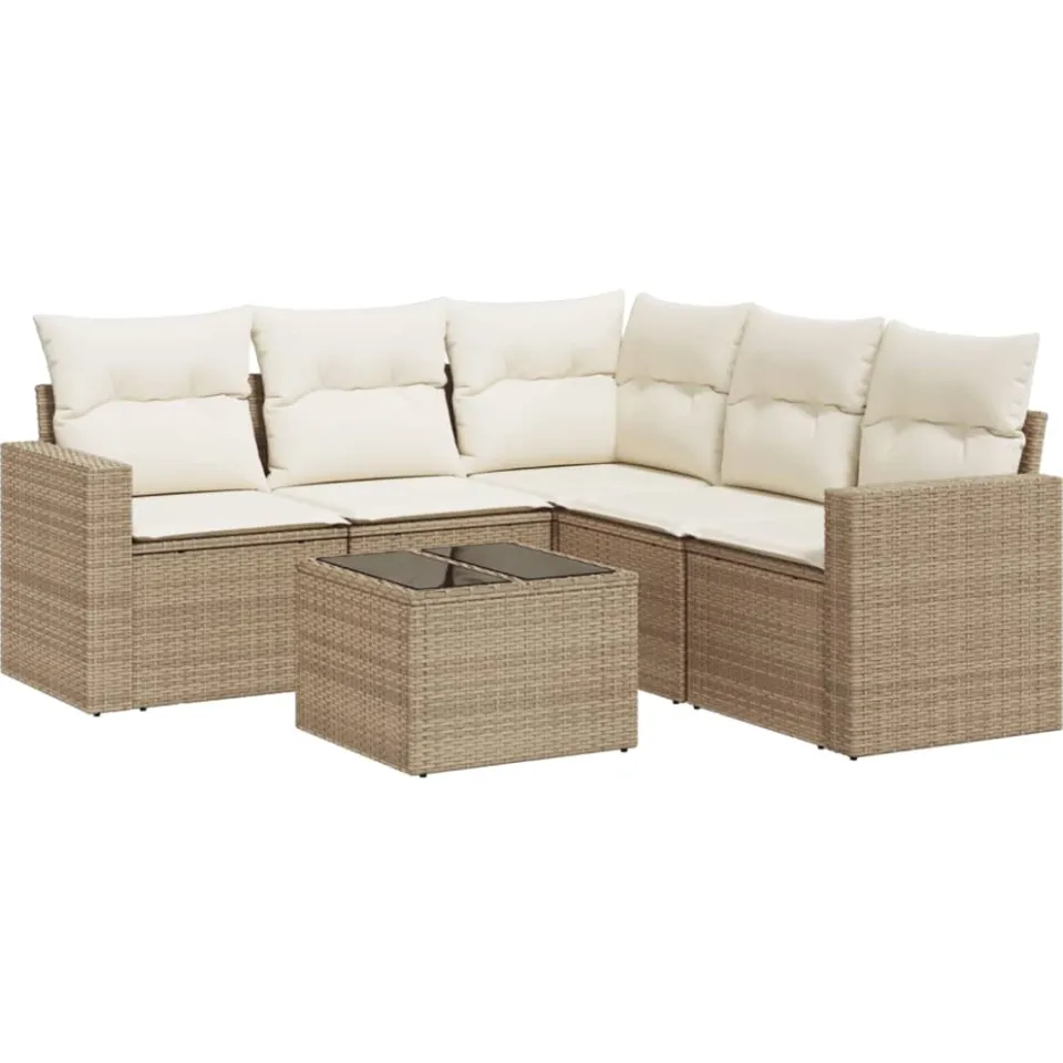 vidaXL 6-delige Loungeset met kussens poly rattan beige