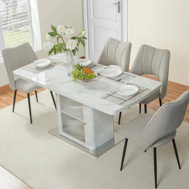 Wishdor Eettafel - Uitschuifbaar rechthoekig ontwerp - Opbergkast met glasdeur en verstelbare plank - Modern - Eetkamer - MDF staal glas - Wit - 120-160 x 80 x 76 cm