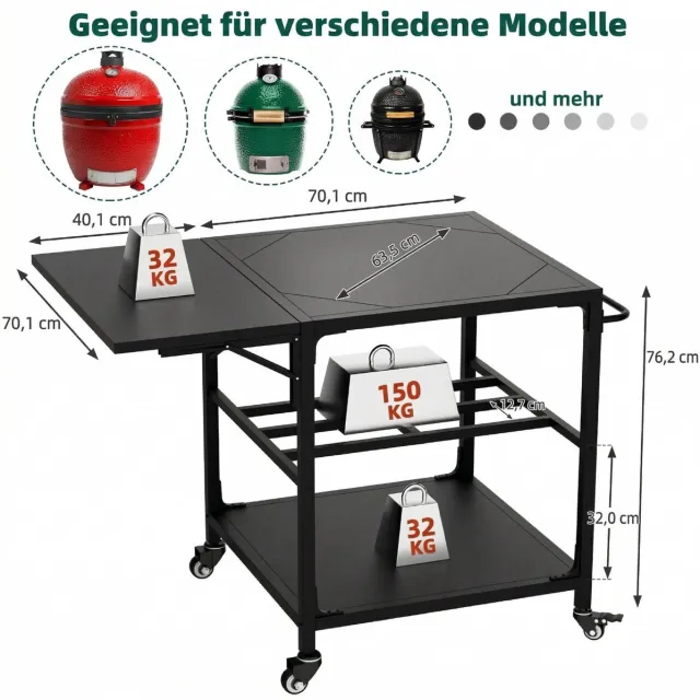 FloraGrace Bijzettafel Opklapbaar Voor Big Green Egg Kamado 110,2 Cm Metaal Zwart Met Wielen Haken En Werkblad Voor Buiten Grillen Black