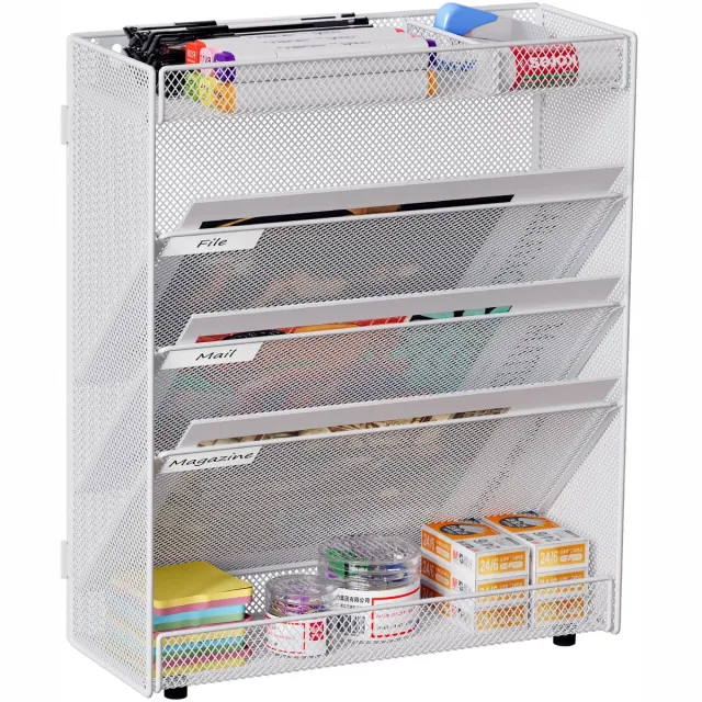 Famanu Metalen A4 krantenhouder met 5 compartimenten, muurhouder voor tijdschriften en documenten, op te hangen, magazijn organizer, wit