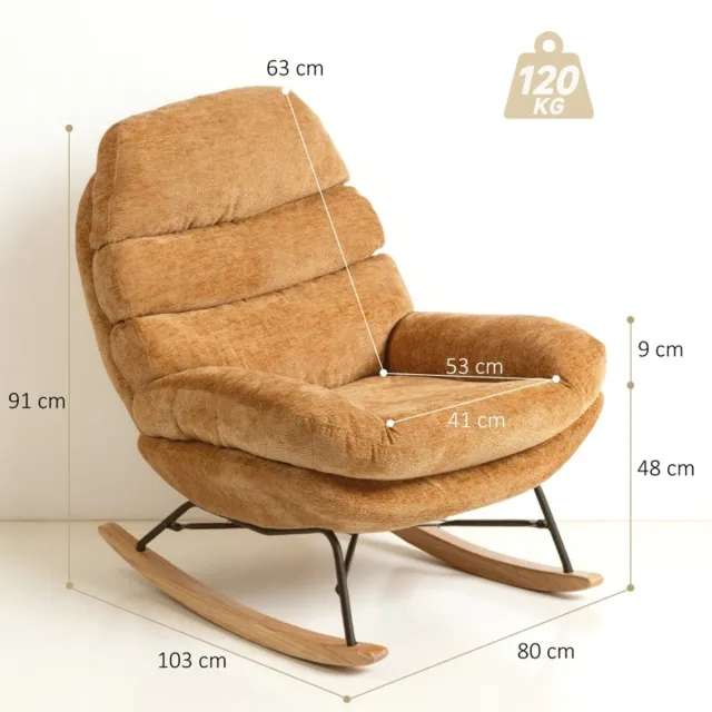 Merax Schommelstoel Geel – Comfortabele Relaxstoel Met Zachte Stoffen Bekleding - Houten Kufen En Stalen Frame – Moderne Loungestoel Voor Woonkamer