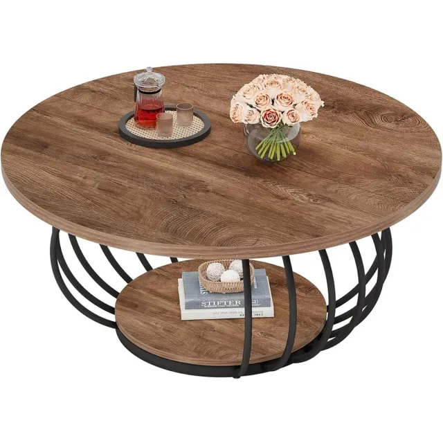 DMG Supply Salontafel - Ø100 x 46 cm - Ronde Koffietafel met 2 Lagen en Opbergplank - Bruin/Zwart - Metalen Frame