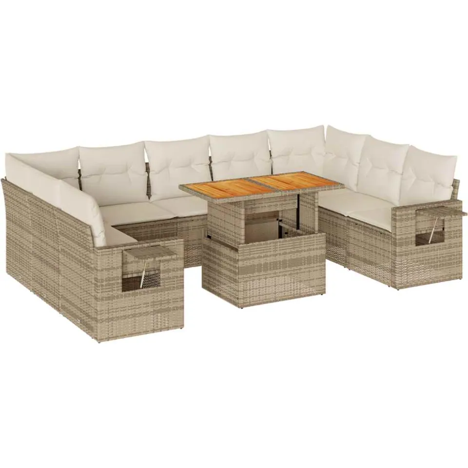 vidaXL 10-delige Loungeset met kussens poly rattan beige, foto 3