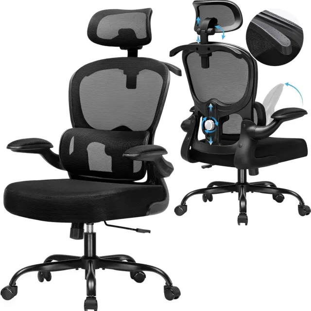 COMHOMA Bureaustoel Ergonomisch - Met 3D Steunen en Inklapbare Armleuning - Zwart