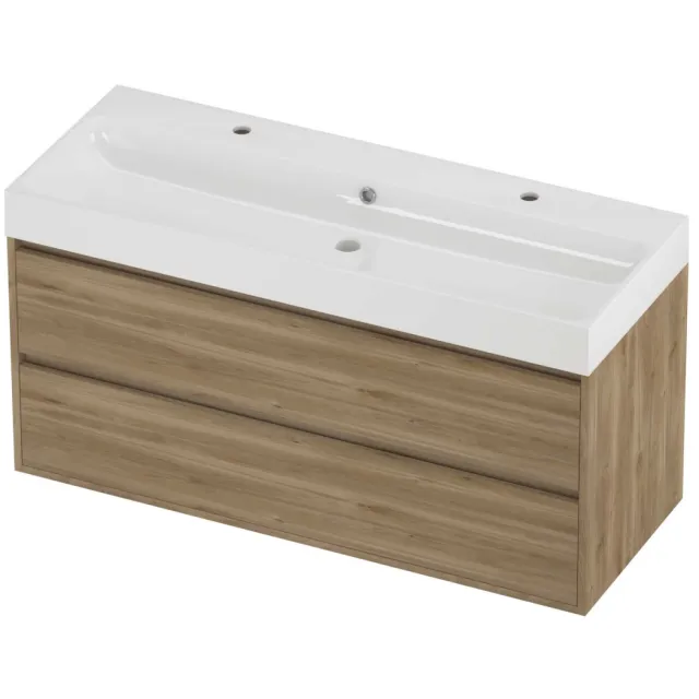 Proline Podium Badmeubelset Polystone Loft 2 Kraangaten Greeploos 120x46x62 cm Glans Wit Cider Oak Eiken