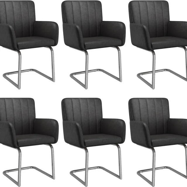 MUVANO Set van 6 eetkamerstoelen - Eetkamerstoelen met verticale strepen - Zwarte kunstleren stoelen - 56x57x86 cm - Ergonomisch - Eetkamer Zwart
