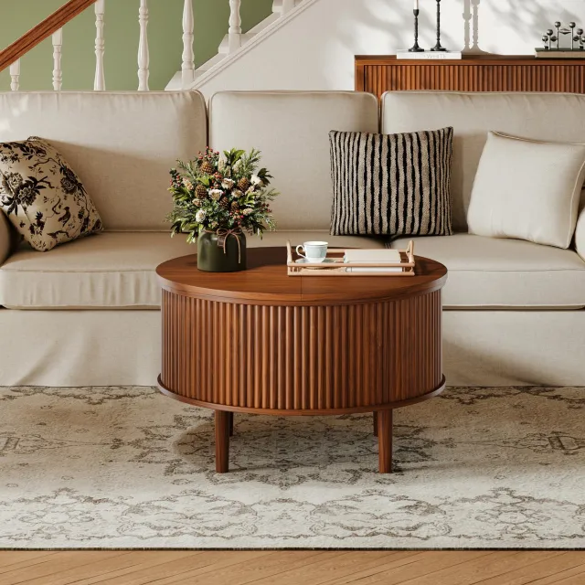 MIVRAY Salontafel - Ronde Opklapbare Tafel Met Verborgen Opbergruimte - Voor De Woonkamer - Spaanplaat - Bruin - 80 Bij 80 Bij 50 Cm