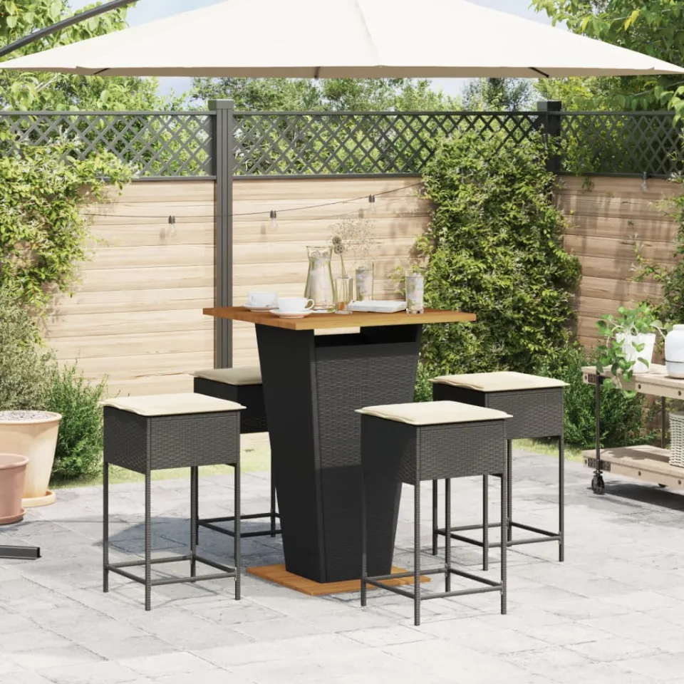 vidaXL 5-delige Tuinbarset met kussens poly rattan zwart, foto 3