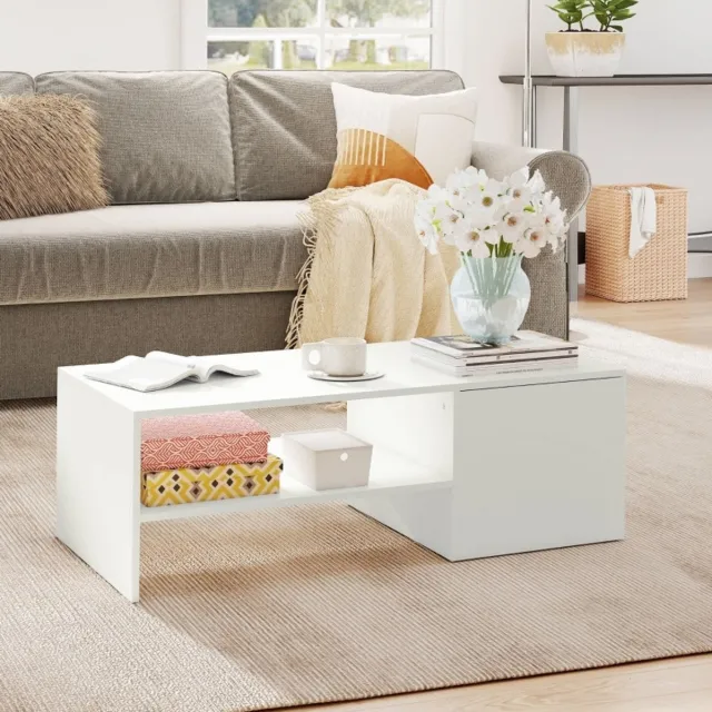 MEUNIQ uitschuifbare salontafel 110 x 52 x 36 cm met verborgen opbergruimte en open vak, rechthoekige woonkamer tafel met metalen rails, wit