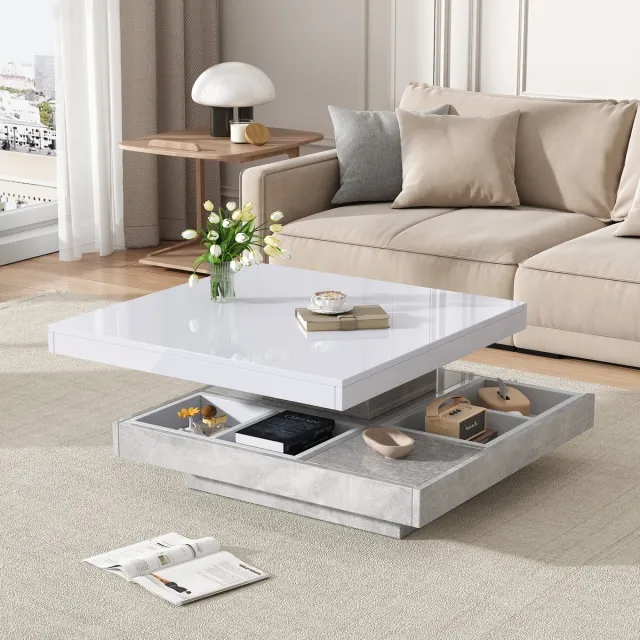 COVREO Salontafel 70x70x36 cm – wit en marmerlook fineer, hoogglans blad, 360° draaibaar met opbergruimte