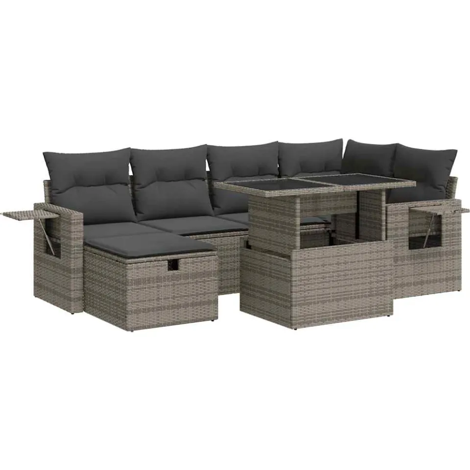vidaXL 7-delige Loungeset met kussens poly rattan grijs, foto 3