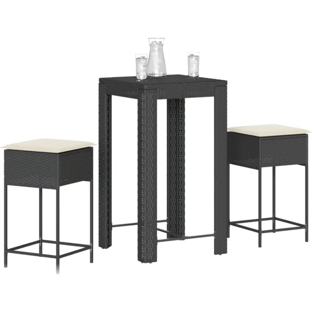 vidaXL 3-delige Tuinbarset met kussens poly rattan zwart