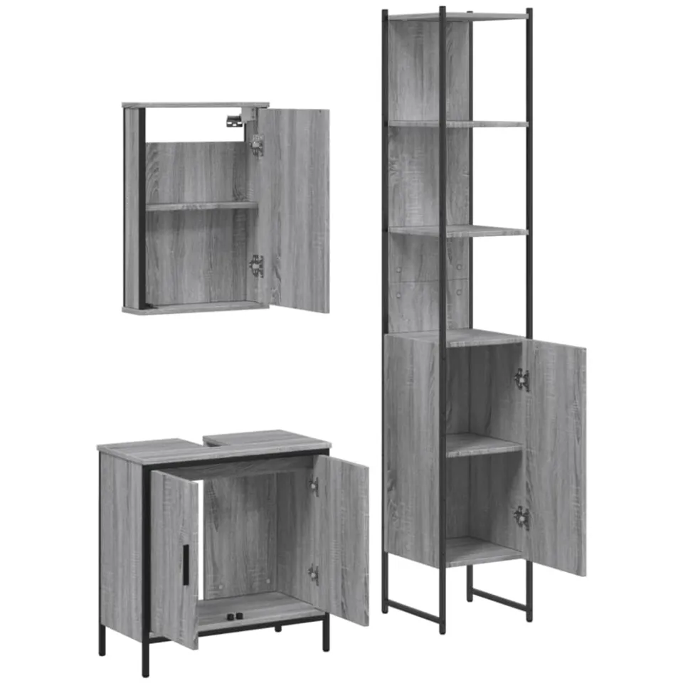 vidaXL 3-delige Badkamermeubelset bewerkt hout grijs sonoma eikenkleur, foto 3