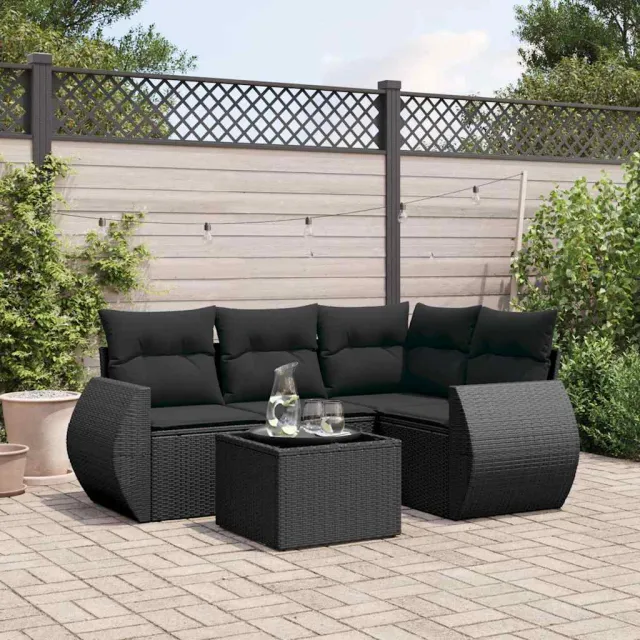 vidaXL 5-delige Loungeset met kussens poly rattan zwart, foto 2