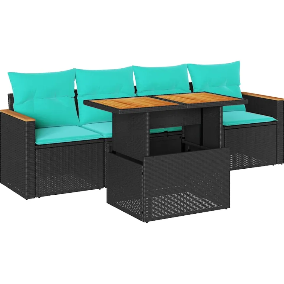 vidaXL 5-delige Loungeset met kussens poly rattan zwart