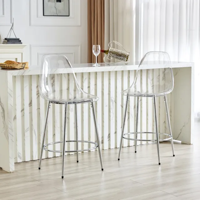 DESMIU Barkruk 102 Cm - Set Van 2 Met Transparante Zitting En Rugleuning - Voor Keukenbar En Kookeiland - Kunststof En Metaal - Zilver