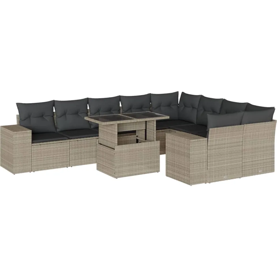 vidaXL 10-delige Loungeset met kussens poly rattan lichtgrijs grijs, foto 3