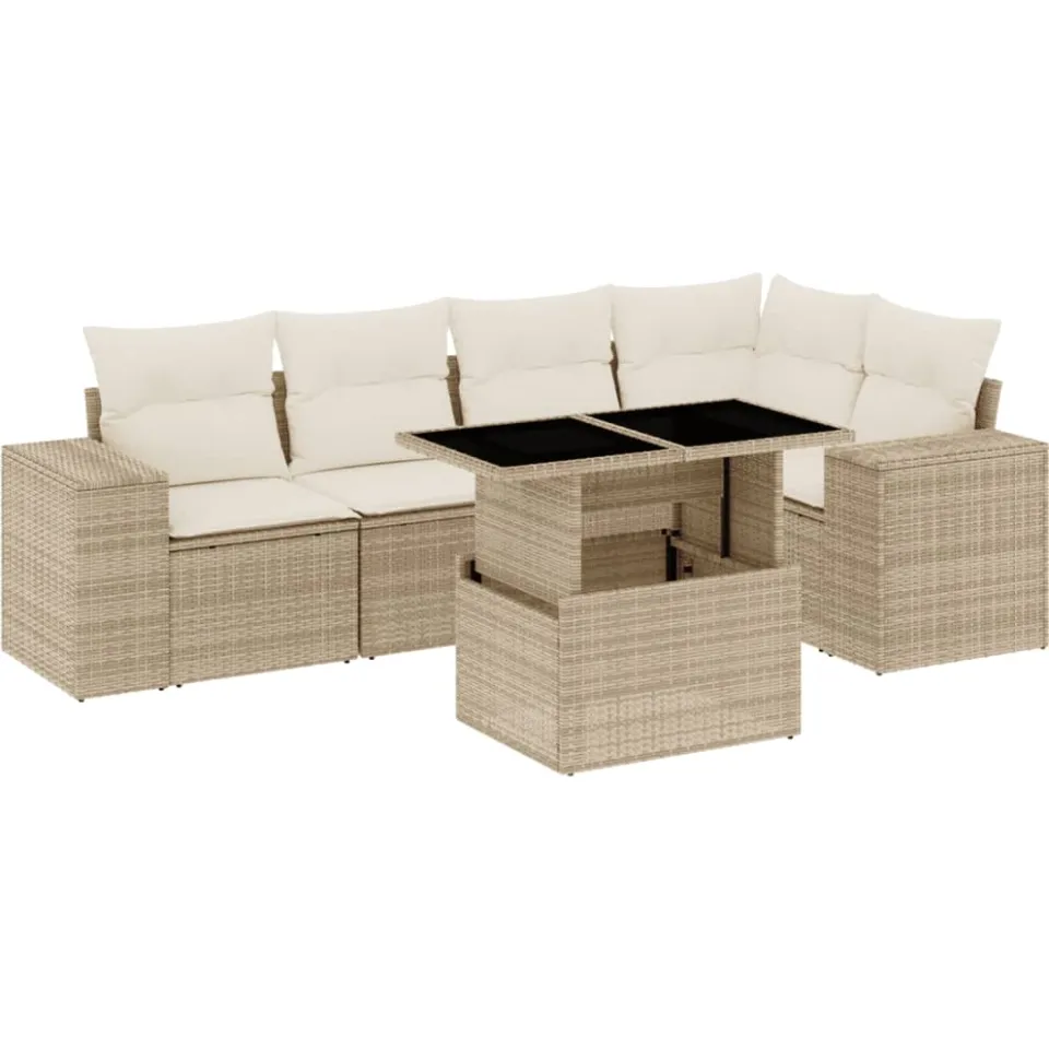 vidaXL 6-delige Loungeset met kussens poly rattan beige, foto 3