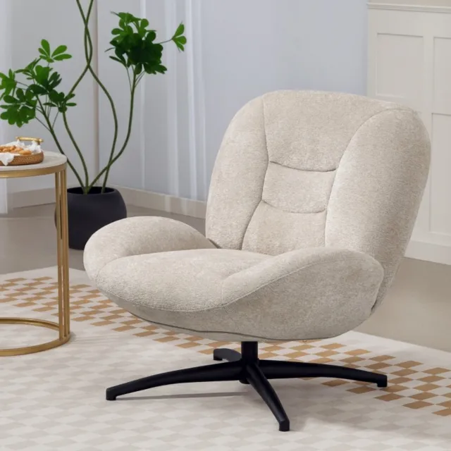 MODENUIT Draaifauteuil 89 x 83 x 85 cm - 360 Graden Draaibaar - Leeshoek - Chenille en Staal - Crèmewit