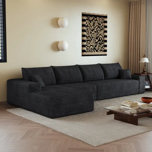 DESMIU Hoekbank 340 Cm - Modulair Met L-Vormige Chaiselongue - Voor Woonkamer En Appartement - Stof Corduroy - Zwart