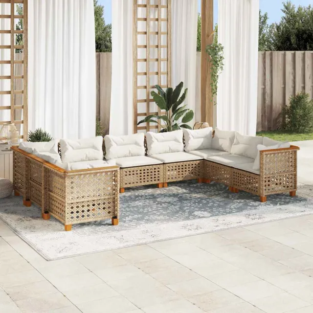 vidaXL 9-delige Loungeset met kussens poly rattan beige, foto 2