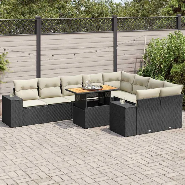 vidaXL 10-delige Loungeset met kussens poly rattan acacia zwart, foto 2