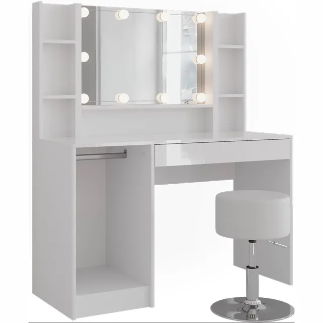 Vicco Kaptafel Sherry, Wit/Wit Hoogglans, 119.8 cm met spiegel en kruk