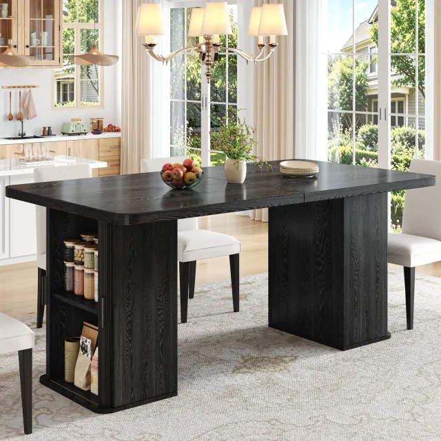 OKWISH Eettafel - Uitschuifbaar met Opbergruimte - Voor Eetkamer en Keuken - Zwarte Houtlook, MDF en Metaal - 140/180 x 80 x 75 cm