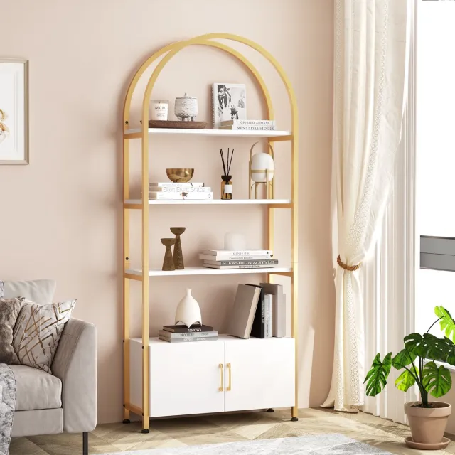 Triumpunpre Boekenkast 4 Lagen met Opbergkast - 80x28x180cm - Boogvormige Boekenkast - Metalen Frame - Hoog Boekenrek - Voor Woonkamer Kantoor - Wit + Goud