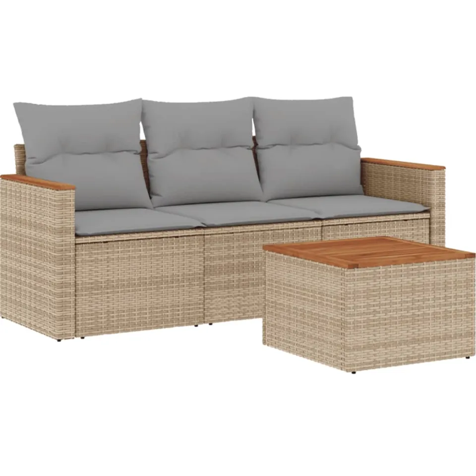 vidaXL 4-delige Loungeset met kussens poly rattan beige, foto 3