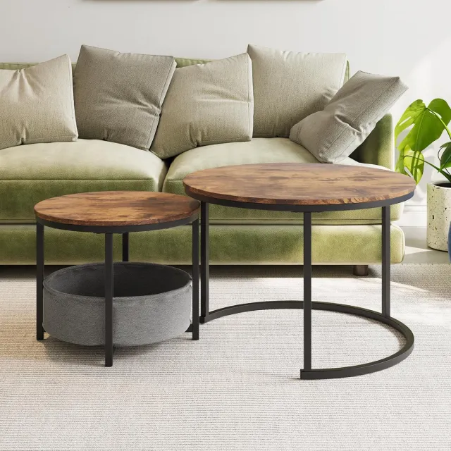 REDOM Salontafelset van 2 - Ronde nesteltafels - Stoffen opbergzak - Industriële stijl - Woonkamer - Metalen frame en houten blad - Antiek bruin - 70 x 70 x 48 cm Antiekbruin