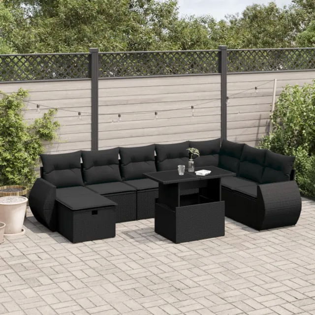vidaXL 9-delige Loungeset met kussens poly rattan zwart, foto 2