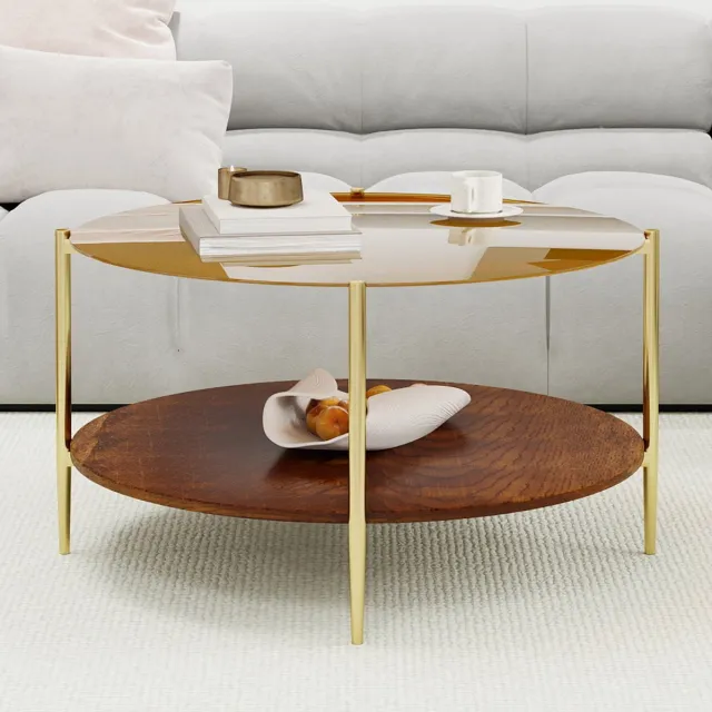 DESMIU Salontafel - Ronde Glazen Tafel Met Houten Onderblad - Modern Voor Woonkamer En Kantoor - Glas En Hout - 82x82x45 Cm - Goud Gold