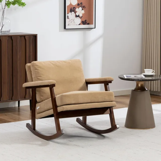 OKWISH Schommelstoel Fauteuil 83 x 73 x 80 cm - Met Lendenkussen en Gewatteerde Zitting - Voor Woonkamer, Leeshoek en Serre - Velvet - Lichtbruin Light Brown