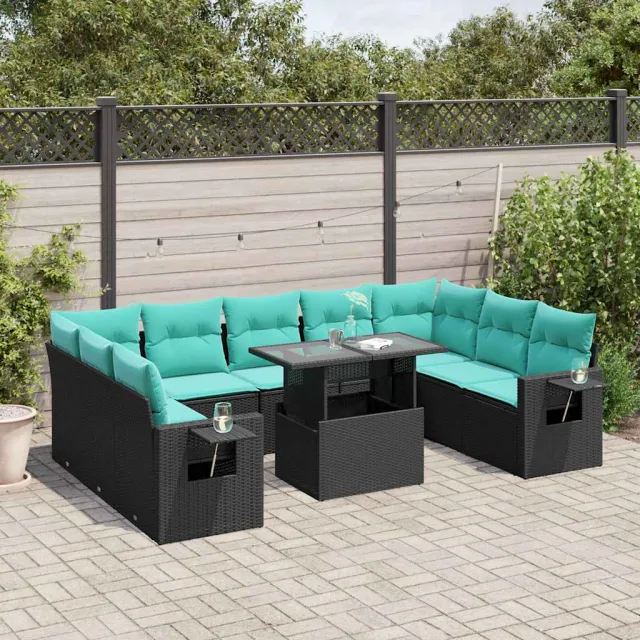 vidaXL 10-delige tuinbankset met kussens van zwart polyrotan, foto 2