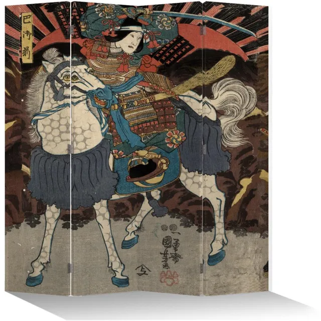 Fine Asianliving Japans Kamerscherm Oosters Scheidingswand B160xH180cm 4 Panelen Japanse Samurai op Paard Zwart, Multicolour
