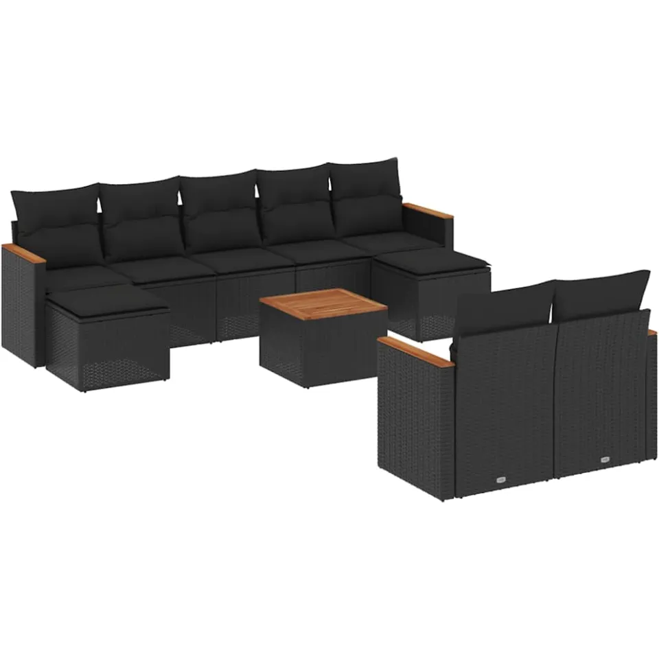 vidaXL 10-delige Loungeset met kussens poly rattan zwart, foto 3