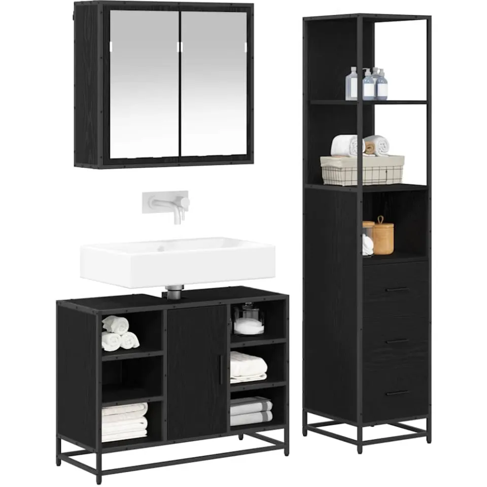 vidaXL Badkamermeubelset 3 st Zwart Eiken 80 x 33 x 60 cm Bewerkt hout