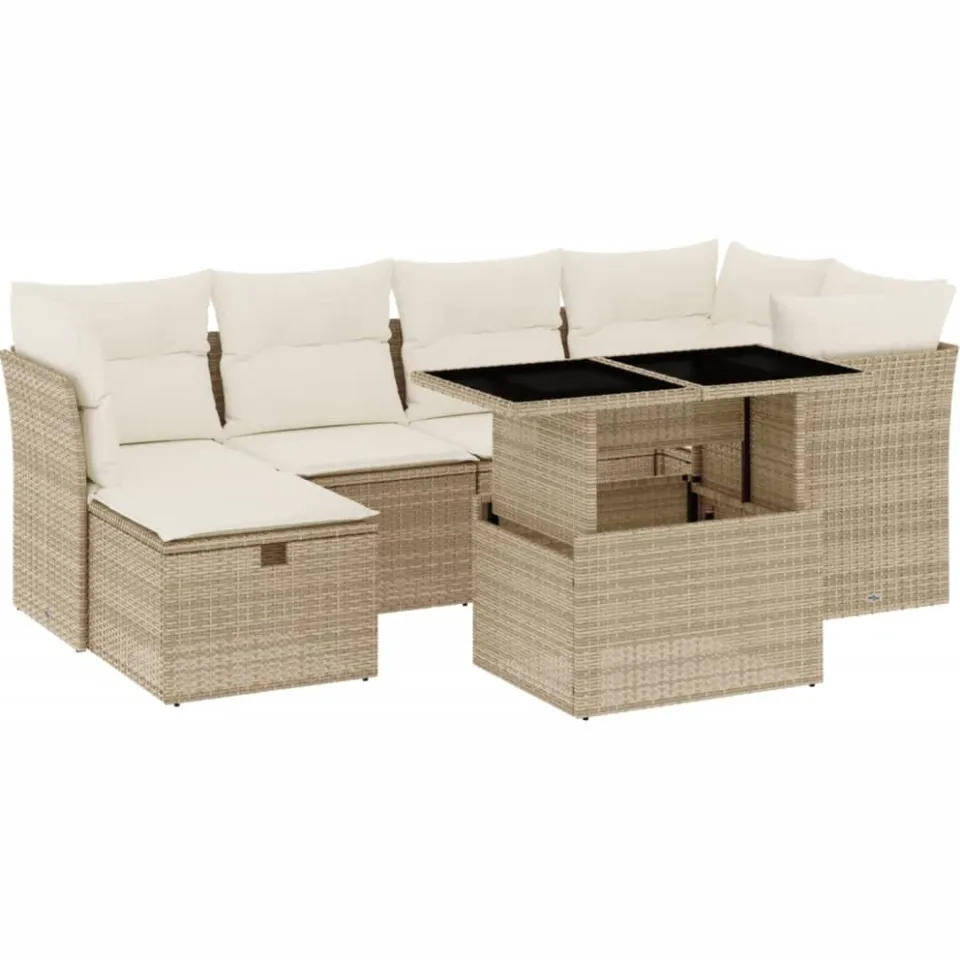 vidaXL 7-delige Loungeset met kussens poly rattan beige, foto 3