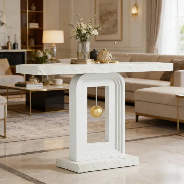 WUVRIE Sidetable 100x30x82 cm - Marmerlook tafelblad en geometrische basis - Wit