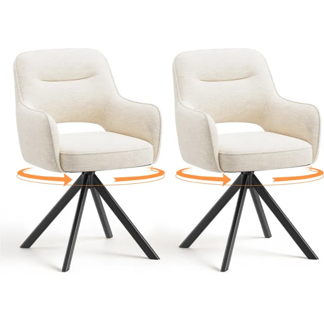 COLAMY Eetkamerstoelen Set van 2 - 360° Draaibare Stoelen met Armleuningen - Stoffen Bekleding - Ergonomische Rugleuning - Dik Zitkussen Beige