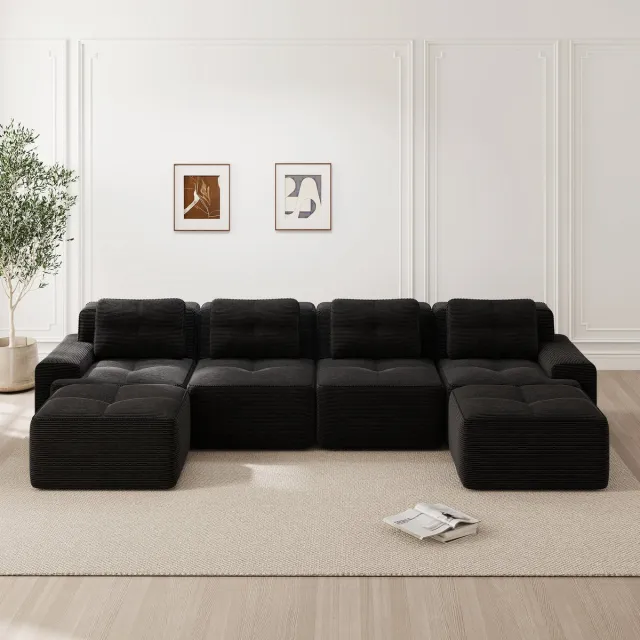 Merax Woonkamer 4-zits bank - modulaire U-vormige chaise longue bank - corduroy wolkenbank - geen montage nodig - antislip ontwerp - zwart