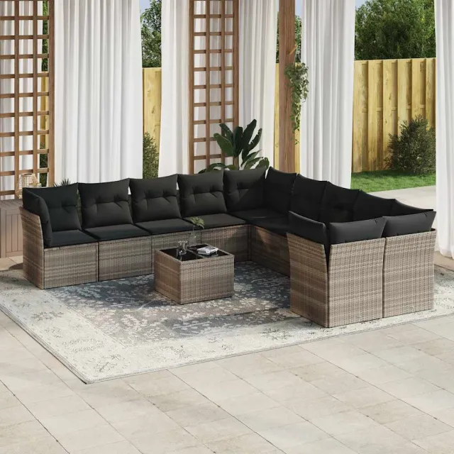 vidaXL 11-delige Loungeset met kussens poly rattan lichtgrijs grijs, foto 2