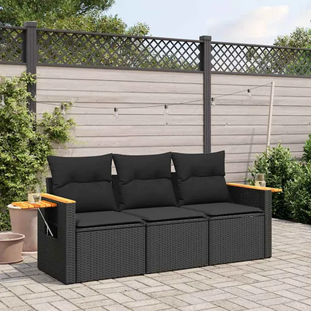 vidaXL 3-delige Loungeset met kussens poly rattan zwart, foto 2