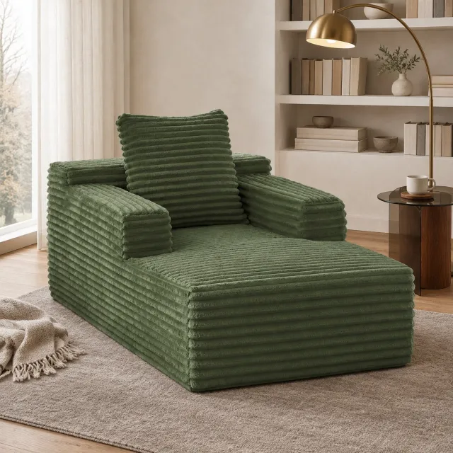OKWISH Chaise Longue - 117 x 81 x 50 cm - 1-Zits Relaxstoel Zonder Montage - Ribstof - Voor Woonkamer Of Kantoor - Groen