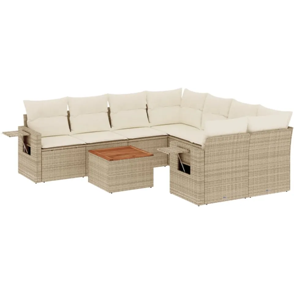 vidaXL 9-delige Loungeset met kussens poly rattan beige