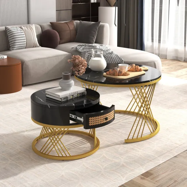 Maisentiel 2-delige ronde salontafelset 70 cm met lade, MDF, marmerlook, zwart/goud