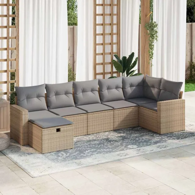 vidaXL 7-delige Loungeset met kussens poly rattan beige, foto 2