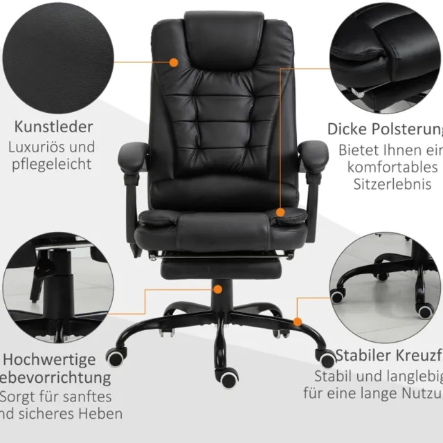 HAUSS SPOLE Bureaustoel Met Massagefunctie En 7 Massagepunten, Hoogteverstelbaar, Met Voetsteun En Armleuningen, Voor Kantoor En Thuiskantoor, Zwart Kunstleer Black
