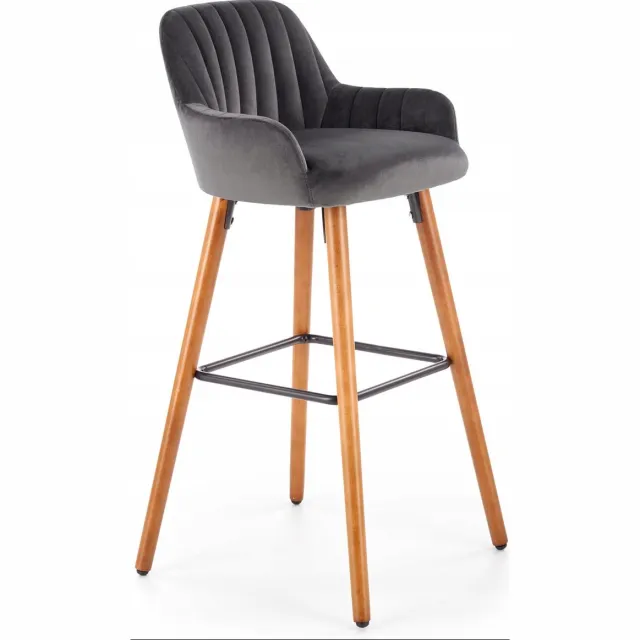 Halmar Houten Barstoel H93 Velvet Donkergrijs & Notenhout
